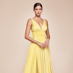 NEW FORMAL A-LINE SLEEVELESS SATIN DRESS W/ V-NECK & EMPIRE WAISTLINE CD 7469